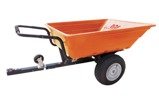 Side view of a Husqvarna garden cart with a sturdy handle and two large wheels.