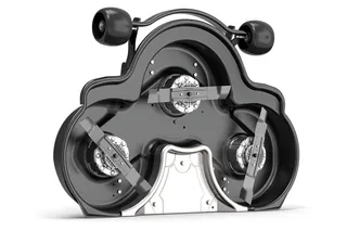 Top view of a Husqvarna commercial front mower cutting deck with three blades.