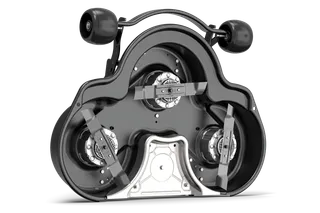 Top view of a Husqvarna commercial front mower cutting deck with three blades.