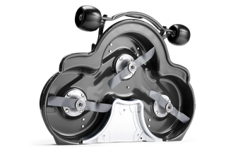 Oppefra af et kommercielt frontklippebord fra Husqvarna med tre knive.