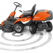 Side view of a Husqvarna ride-on mower with tire track patterns around it.