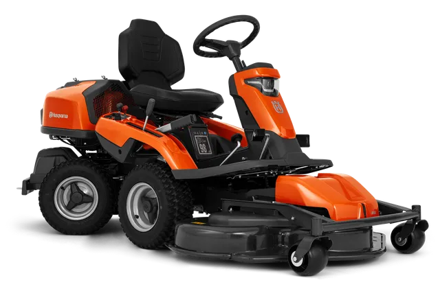 Side view of a Husqvarna ride-on mower with cutting deck.
