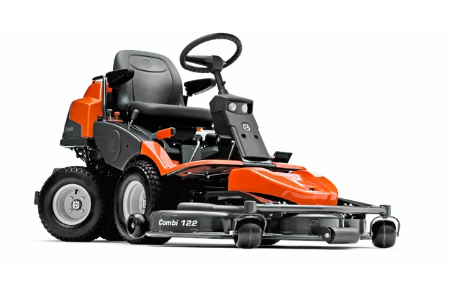 Side view of a Husqvarna commercial front mower with cutting deck.