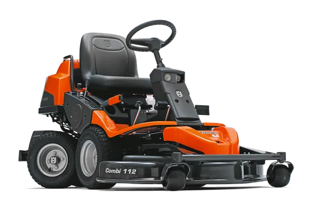 Rear view of a Husqvarna commercial front mower with cutting deck.