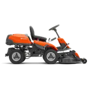 Side view of a Husqvarna ride-on mower with cutting deck.
