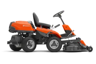 Side view of a Husqvarna ride-on mower with cutting deck.