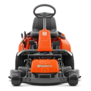 Front view of a Husqvarna ride-on mower showcasing its steering wheel and cutting deck.