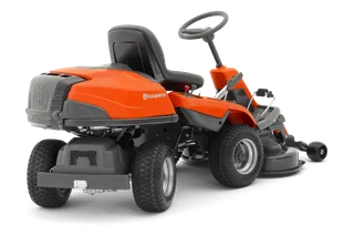 Rear view of a Husqvarna commercial front mower with cutting deck.