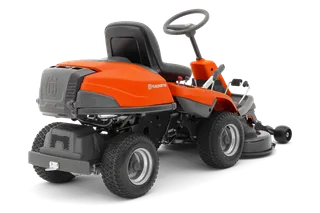 Rear view of a Husqvarna ride-on mower with cutting deck.