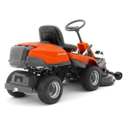 Rear view of a Husqvarna ride-on mower with cutting deck.