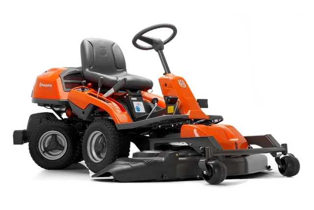 Side view of a Husqvarna ride-on mower with cutting deck.