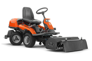 Rear view of a Husqvarna commercial front mower with cutting deck.