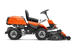 Side view of a Husqvarna ride-on mower with cutting deck.