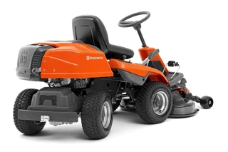 Rear view of a Husqvarna commercial front mower with cutting deck.