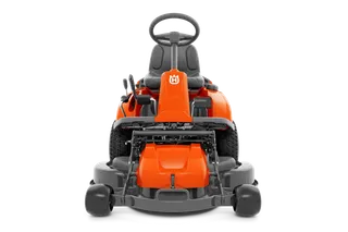 Front view of a Husqvarna ride-on mower showcasing its steering wheel and cutting deck.