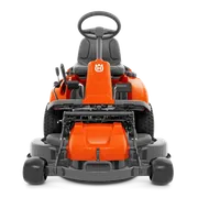 Front view of a Husqvarna ride-on mower showcasing its steering wheel and cutting deck.