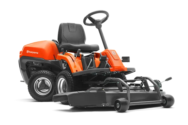 HUSQVARNA R 120S. Front view of a Husqvarna ride-on mower with cutting deck.