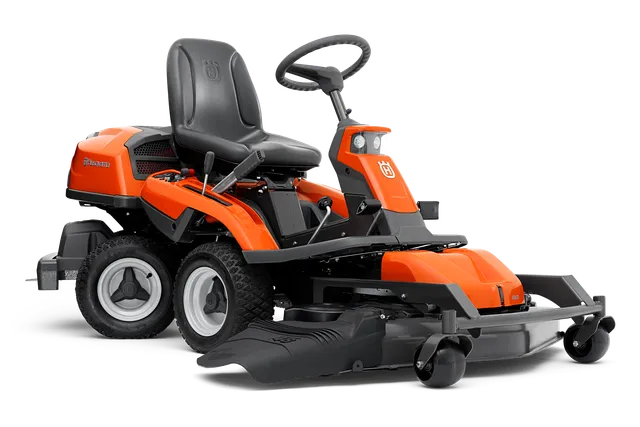 Side view of a Husqvarna ride-on mower with cutting deck.