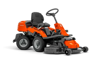 Front view of a Husqvarna commercial front mower with cutting deck.