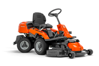 Side view of a Husqvarna ride-on mower with cutting deck.