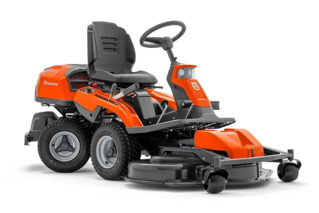 Zijaanzicht van een Husqvarna zitmaaier met maaidek.