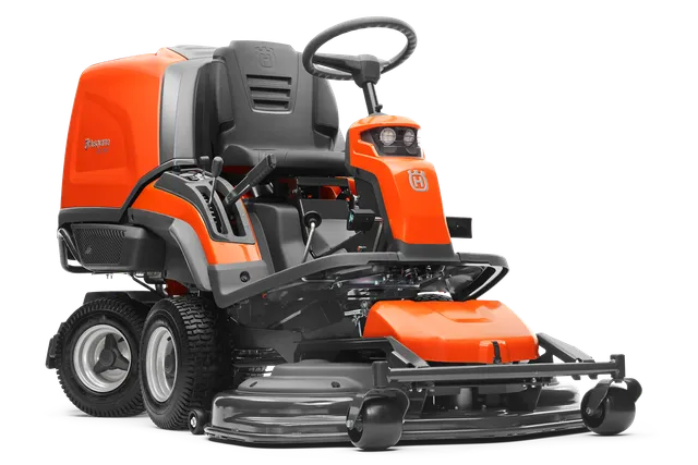 Front view of a Husqvarna commercial front mower with cutting deck.