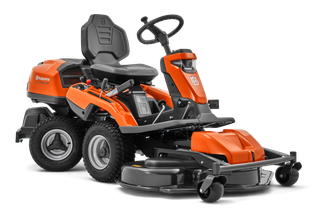 Side view of a Husqvarna ride-on mower with cutting deck.