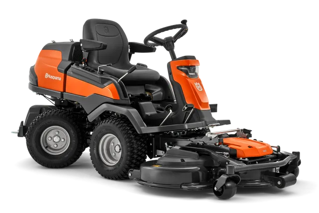 Front view of a Husqvarna commercial front mower with cutting deck.