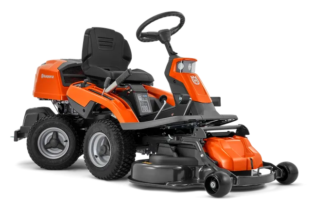 A Husqvarna felülős fűnyíró oldalnézete vágóasztallal.