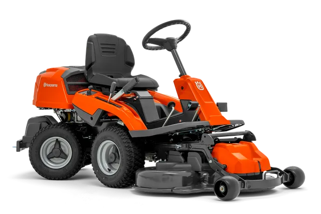 Side view of a Husqvarna ride-on mower with cutting deck.