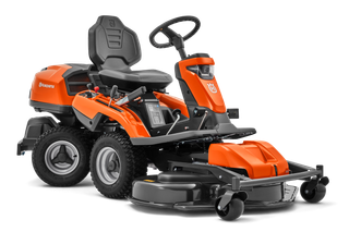 Side view of a Husqvarna ride-on mower with cutting deck.
