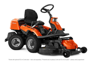 Front three-quarter studio view of a Husqvarna ride-on mower with front-mounted deck.
