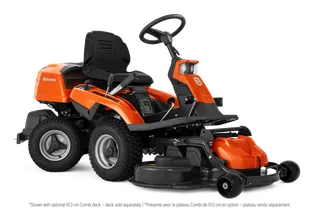 Front three-quarter studio view of a Husqvarna ride-on mower with front-mounted deck.