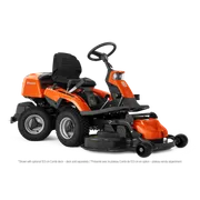 Front three-quarter studio view of a Husqvarna ride-on mower with front-mounted deck.