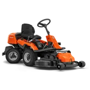 Front view of a ride-on mower with steering wheel and cutting deck.