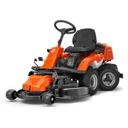 Side view of a Husqvarna ride-on mower with a cutting deck.