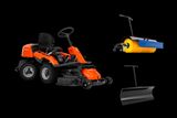Studio view of a Husqvarna ride-on front mower with deck, and attachments: broom and snow blade.