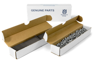 Two boxes of Husqvarna genuine parts, one containing chains and the other containing metal plates.