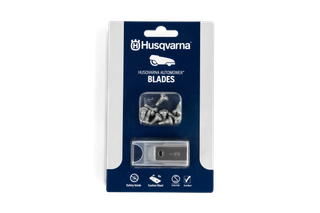 Front view of Husqvarna Automower blades in retail packaging for a robotic lawn mower.