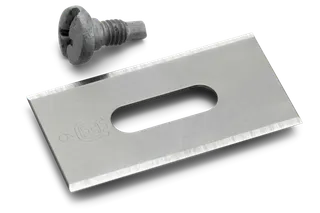 Top view of a metal blade and screw, likely components for a tool or machine.
