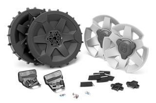 A set of Husqvarna robotic lawn mower accessories including wheels, covers, and brushes.
