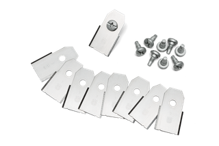 Top view of a set of replacement blades and screws for a robotic lawn mower.