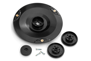 Top view of a set of circular cutting blades and accessories, including screws.