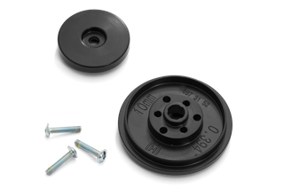 Top view of Husqvarna replacement parts including discs and screws.