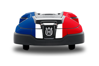 Zestaw naklejek, flaga Francji HUSQVARNA. Widok z przodu kosiarki automatycznej Husqvarna o wzornictwie inspirowanym francuską flagą.