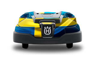 Zestaw naklejek, flaga Szwecji HUSQVARNA. Widok z przodu kosiarki automatycznej Husqvarna z kolorowym wzorem.