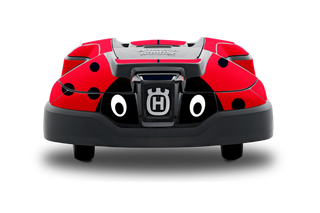 Front view of a Husqvarna robotic lawn mower with a ladybug design.