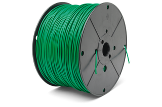 Side view of a spool of green wire.