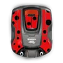 Top view of a Husqvarna Automower with a ladybug-themed design.