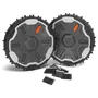 Two Husqvarna robotic lawn mower wheels with additional brush accessories.